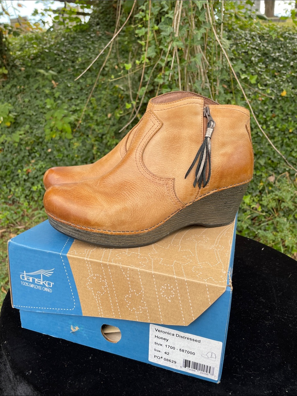 Dansko Honey Brown Leather Wedge Ankle Boot with Tassel